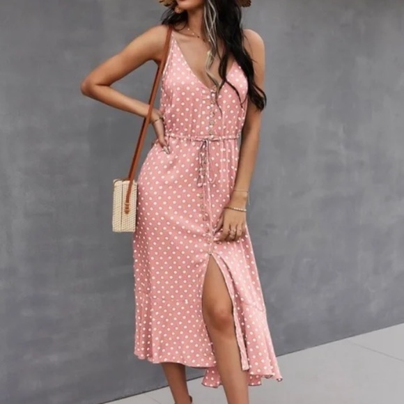 Boho polka dots  button up v neck tie polka dot dress - Picture 10 of 15